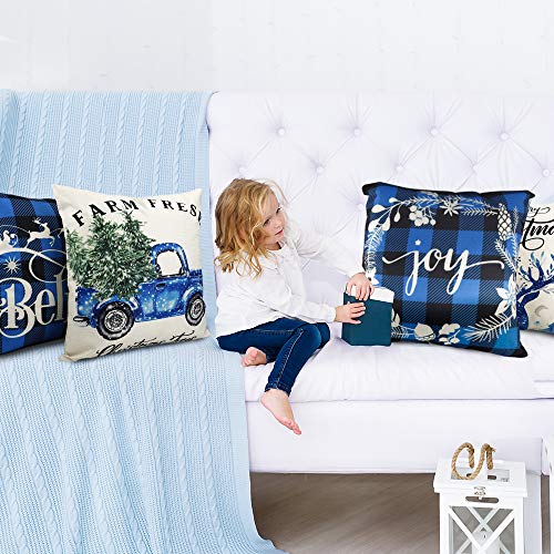 Set of 4 Christmas Decorations Black and Blue Buffalo Plaid Winter Holiday Cushion Cover 18x18.