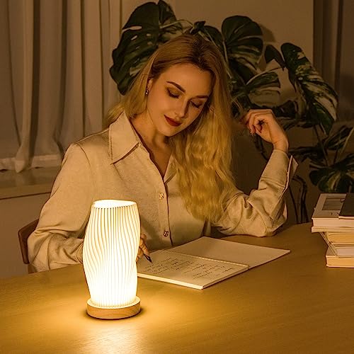 Bedside Lamp with Woodbase - Button Control Table Lamp for Bedroom 12 Way Dimmable Nightstand Lamp