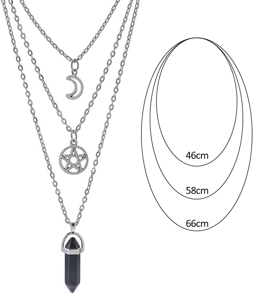 Moon Pentagram Necklace Pentacle Crystal Chakra Charm, A-Dark Blue Starry sky stone-3pcs