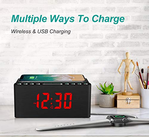 Wooden Digital Alarm Clock FM Radio,10W Fast Wireless Charger Station for iPhone/Samsung Galaxy 5