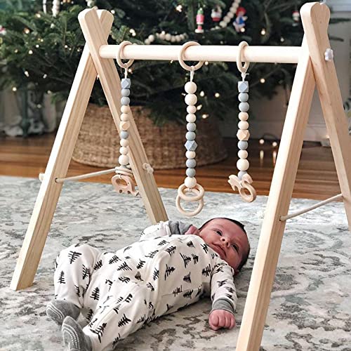 Wooden Baby Gym w/ 6 Gym Toys Foldable Activity Center