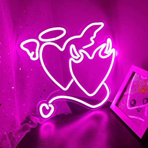 Pink Neon Sign Heart Angel Demon for Wall Decoration