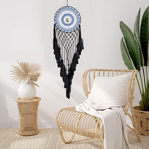 Black Dream Catchers for Bedroom Adult, Large Dream Catcher with Moon Shaped Crystals, Handmade Feather
