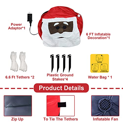 6Ft Tall Christmas Inflatables Black Santa Claus Hold Gift Box w/ LED Lights