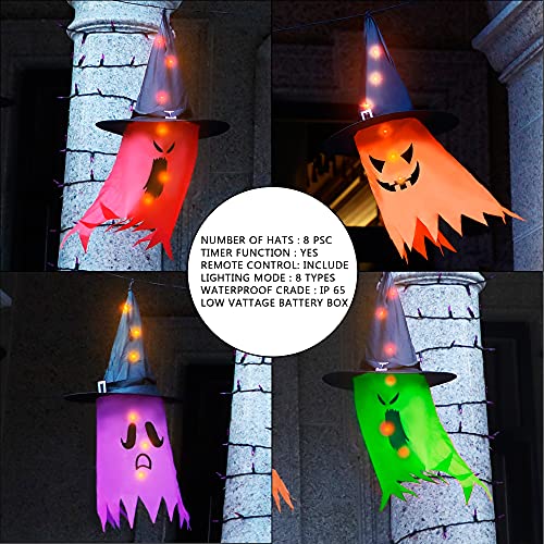8 Pcs Hanging Witch Hats, 14ft 56 LEDs Remote Control String Lights, Battery Powered with 8 Lighting Modes for Garden, Yard, Tree