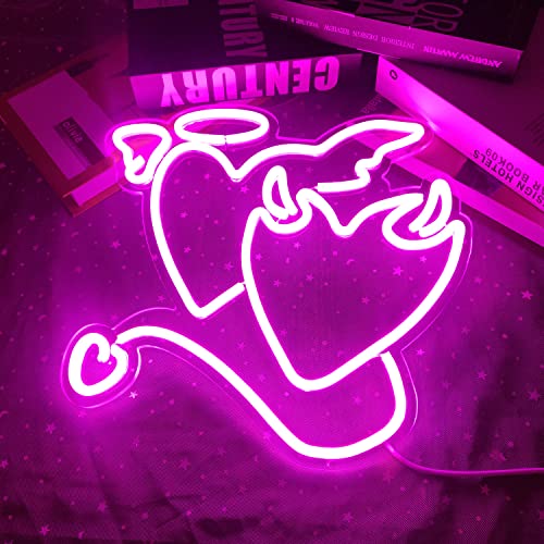 Pink Neon Sign Heart Angel Demon for Wall Decoration