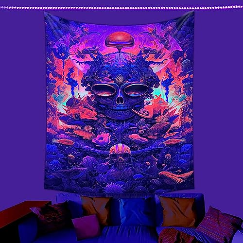 Blacklight Tapestry Sugar Skull Halloween UV Reactive Trippy Neon Tapestries Glow in the Dark Party Backdrop,