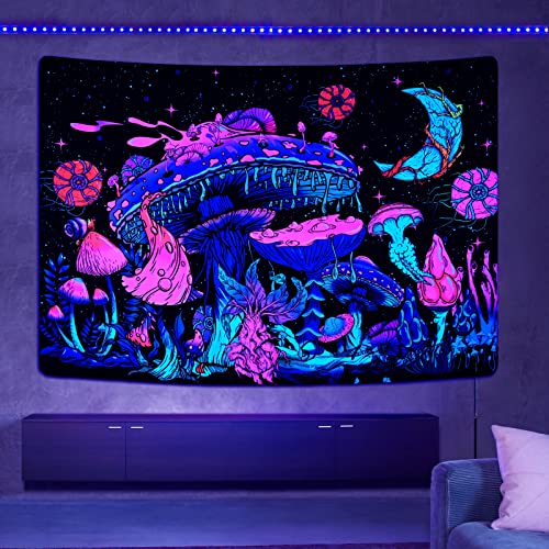 Mushroom Moon and Stars Plants Starry Night Sky Monster Tapestry Wall Hanging for Room