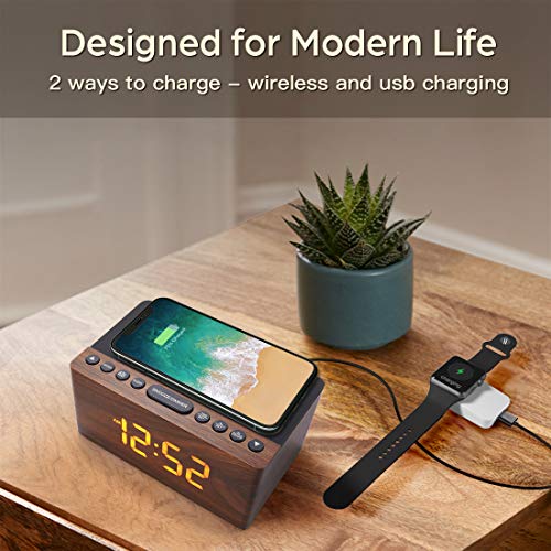 Wooden Digital Alarm Clock FM Radio,10W Fast Wireless Charger Station for iPhone/Samsung Galaxy 5