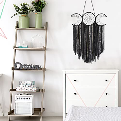 Black Triple Moon Goddess Macrame Wall Hanging Large Dream Catcher Boho Wiccan Moon Phases