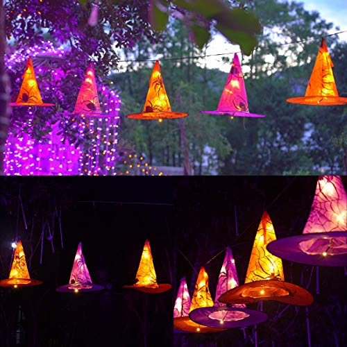 8 Pcs Hanging Witch Hats, 14ft 56 LEDs Remote Control String Lights, Battery Powered with 8 Lighting Modes for Garden, Yard, Tree