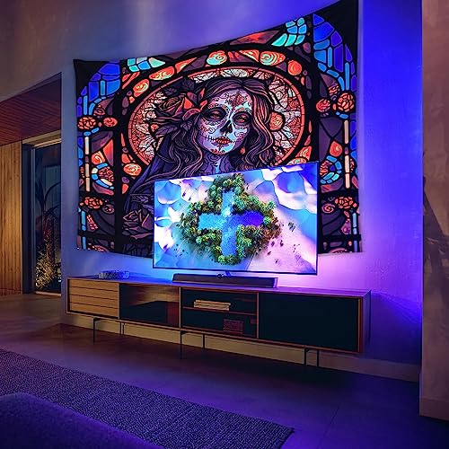 Blacklight Tapestry Sugar Skull Halloween UV Reactive Trippy Neon Tapestries Glow in the Dark Party Backdrop,