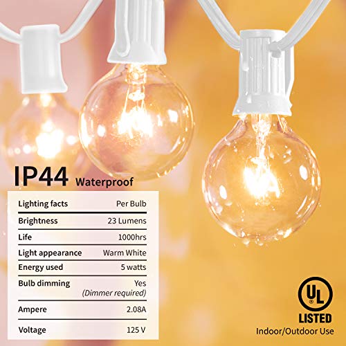50Feet G40 Outdoor String Lights w/52 Clear Bulbs(2 Spare), UL Listed Connectable