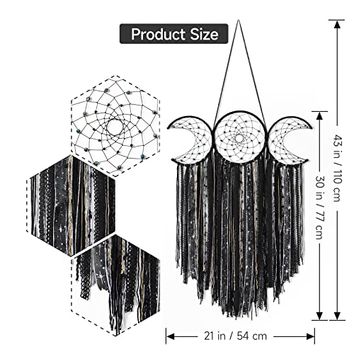 Black Triple Moon Goddess Macrame Wall Hanging Large Dream Catcher Boho Wiccan Moon Phases