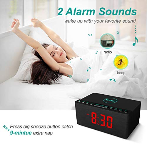 Wooden Digital Alarm Clock FM Radio,10W Fast Wireless Charger Station for iPhone/Samsung Galaxy 5