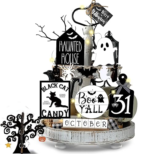 15 Pcs Halloween Tiered Tray Set Cute Wooden Signs Farmhouse Rustic