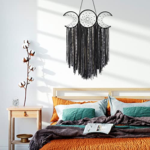 Black Triple Moon Goddess Macrame Wall Hanging Large Dream Catcher Boho Wiccan Moon Phases