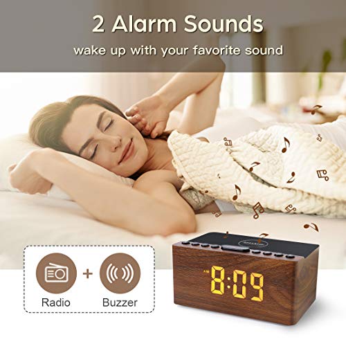 Wooden Digital Alarm Clock FM Radio,10W Fast Wireless Charger Station for iPhone/Samsung Galaxy 5
