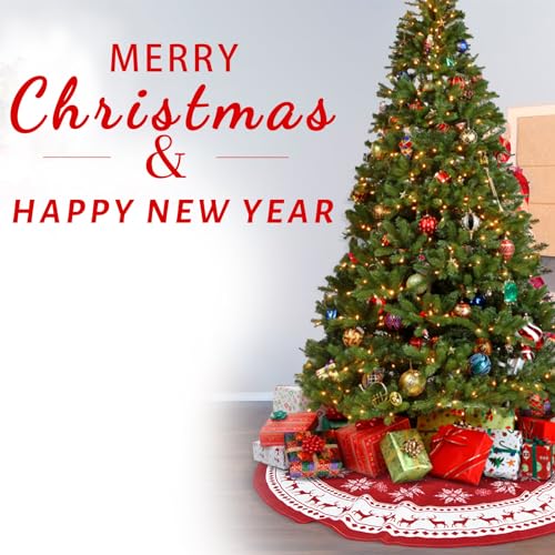 Christmas Tree Skirt Large 48 Inches Christmas Tree Skirt Red Reindeer Snowflakes Xmas Tree Skirts for Winter