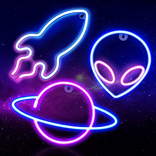 3Pcs Neon Signs, Alien Planet Rocket Led Neon Light Wall Decoration -USB or Battery Powered