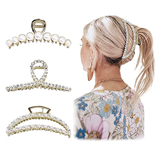 Large Metal Pearl Hair Claw Clips Gold Rhinestones for Women & Girls
