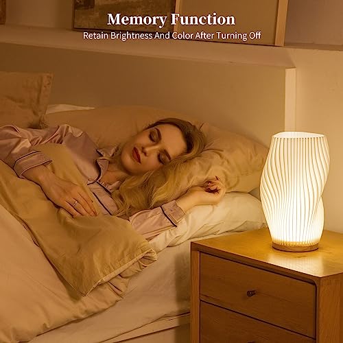 Bedside Lamp with Woodbase - Button Control Table Lamp for Bedroom 12 Way Dimmable Nightstand Lamp