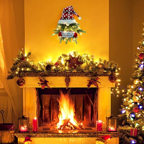 Christmas Wreath for Front Door, Lighted Gnome Christmas Door Wreath, Artificial Santa Xmas Hanging Sign