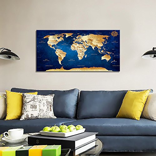 Wall Art Blue World Map Painting Ready to Hang -20" x 40" Framed