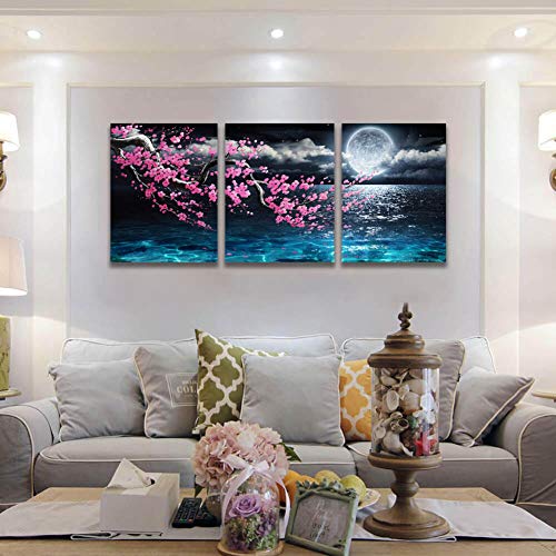 Framed 3 Pieces Plum Blossom Moon Ocean Wall Canvas Art Size 12x16 Each Panel