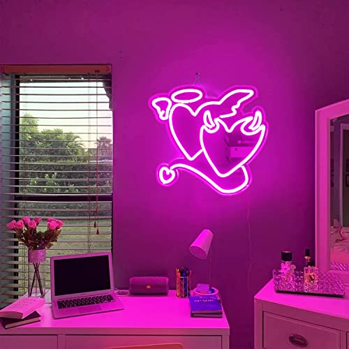 Pink Neon Sign Heart Angel Demon for Wall Decoration