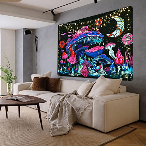 Mushroom Moon and Stars Plants Starry Night Sky Monster Tapestry Wall Hanging for Room