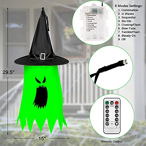 8 Pcs Hanging Witch Hats, 14ft 56 LEDs Remote Control String Lights, Battery Powered with 8 Lighting Modes for Garden, Yard, Tree