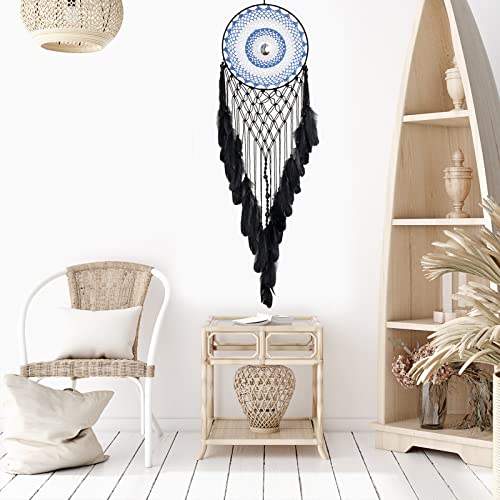Black Dream Catchers for Bedroom Adult, Large Dream Catcher with Moon Shaped Crystals, Handmade Feather