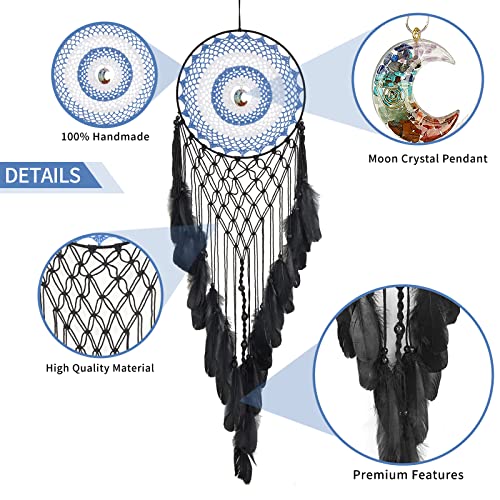 Black Dream Catchers for Bedroom Adult, Large Dream Catcher with Moon Shaped Crystals, Handmade Feather