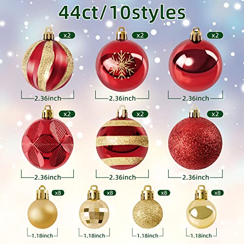 44Pcs Gold and Red Christmas Balls Ornaments