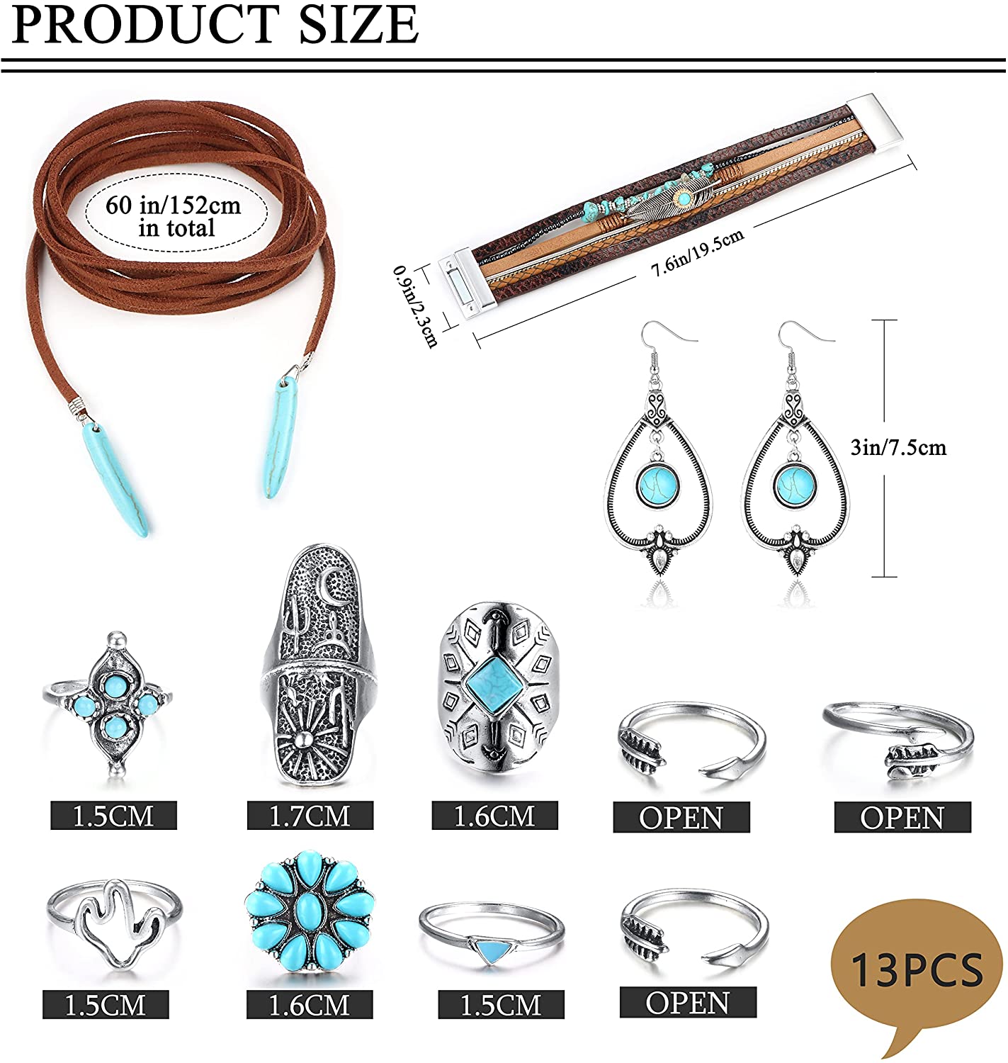 Bohemian Turquoise Pendant Suede Long Choker Necklace Vintage Dangle Earrings Boho Cuff Bracelet with Stackable Knuckle Rings Set