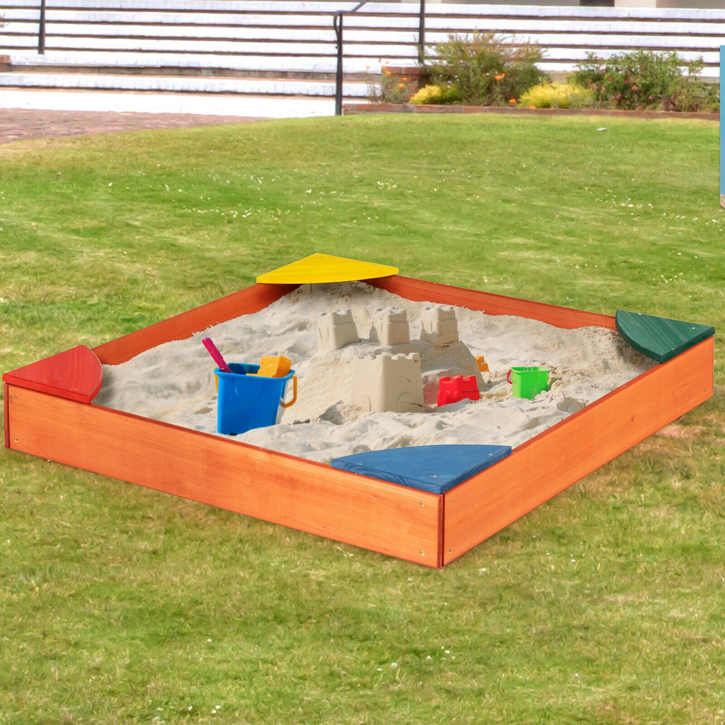 Kids Wooden Backyard Sandbox w/ Built-in Corner Seating