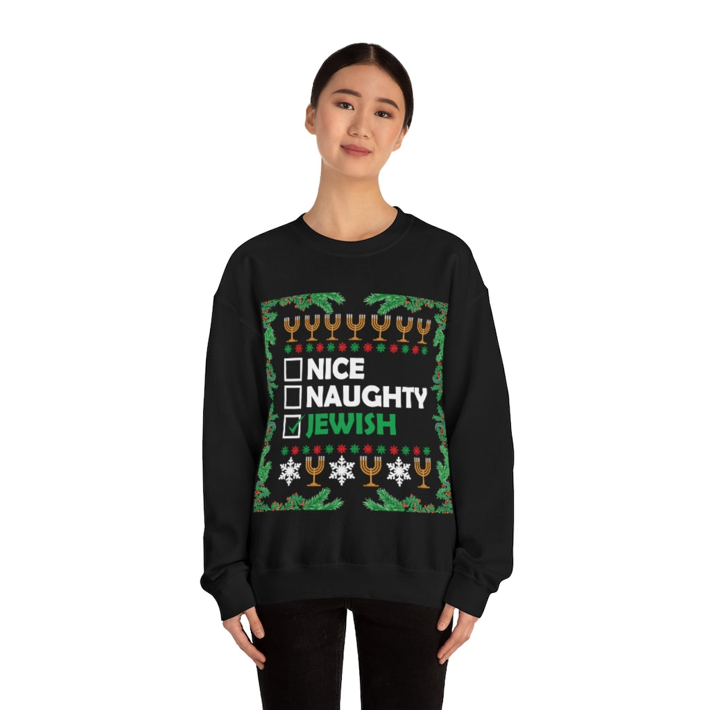 Nice, Naughty, Jewish Unisex Ugly Christmas Heavy Blend™ Crewneck Sweater Sweatshirt