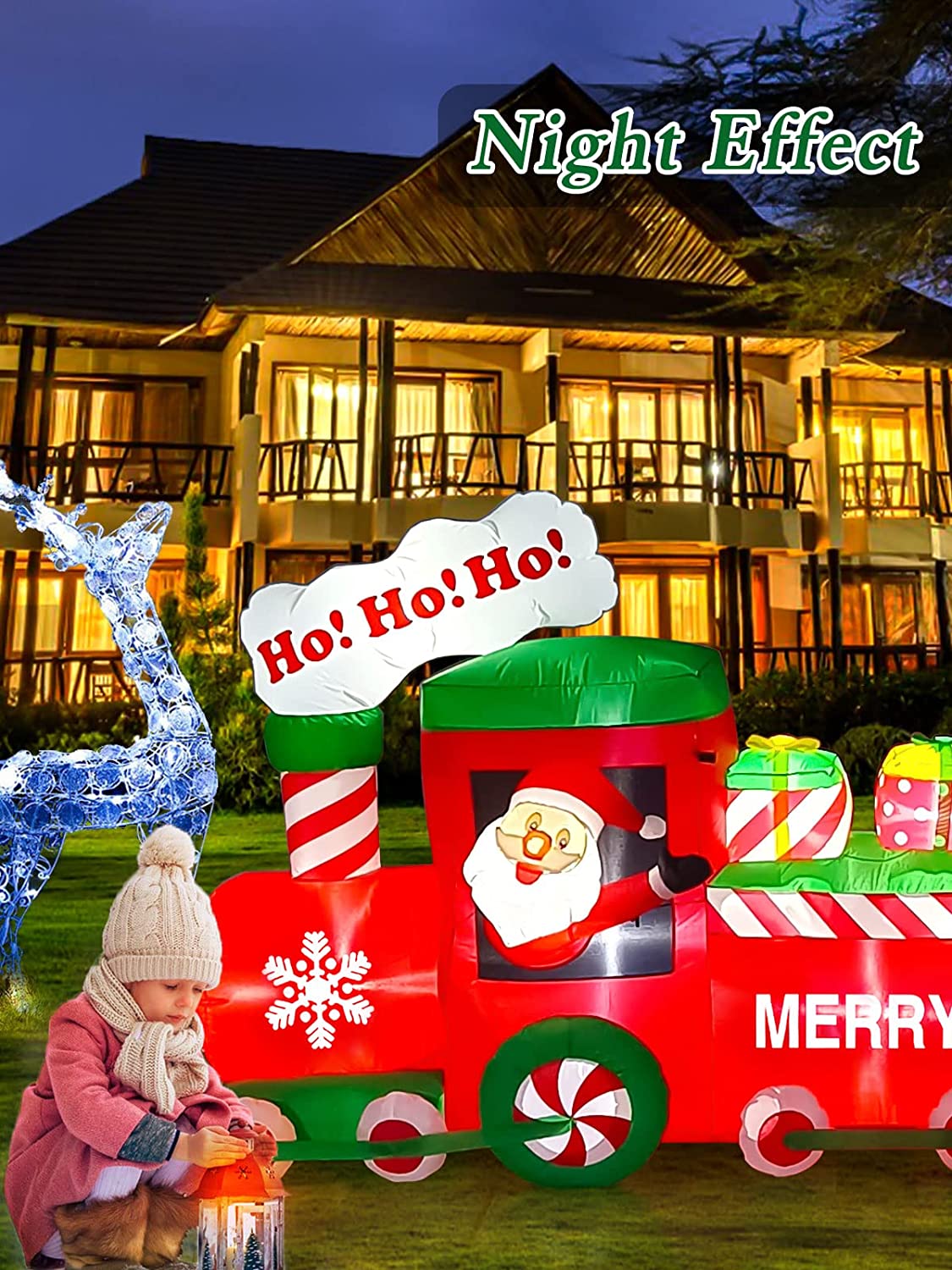 8Ft Christmas Inflatable Santa Claus Train Decoration w/ LEDs