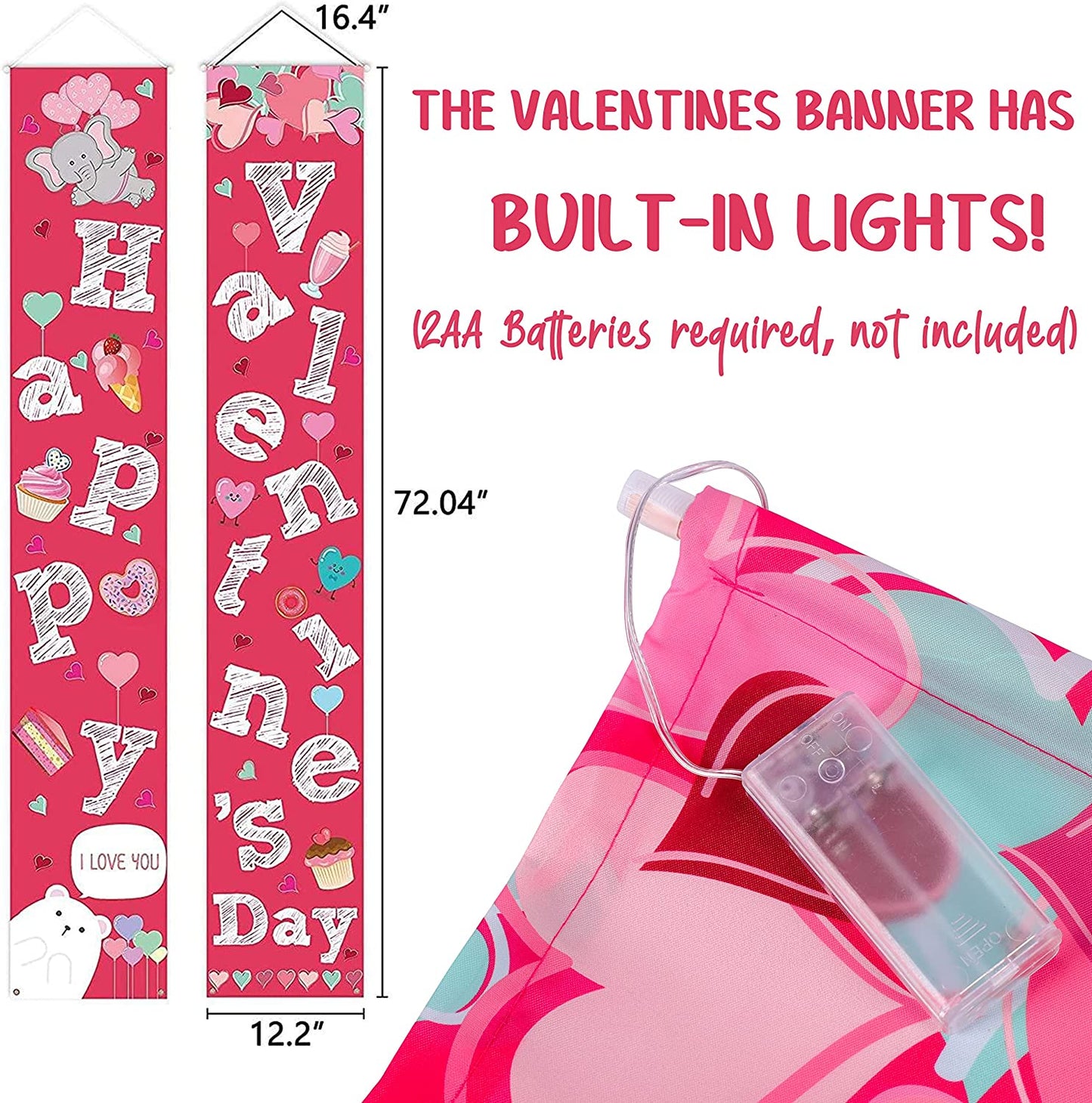 2PCS Valentines Day Decorations Lighted Banners Porch Signs Heart Love Hanging