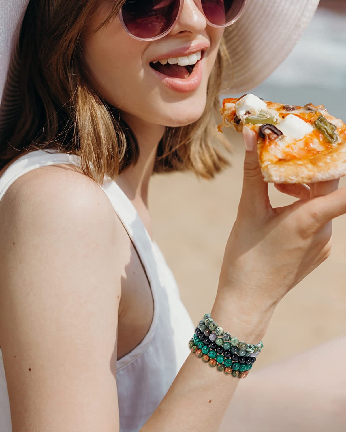 5PCS Semi-Precious Gemstone Bracelet - Healing Crystal Stone Beaded Bracelets for Women Men 8mm Round