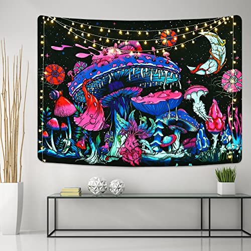 Mushroom Moon and Stars Plants Starry Night Sky Monster Tapestry Wall Hanging for Room