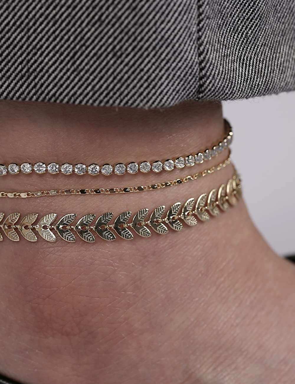 Gold Ankle Bracelets for Women 14k Gold Plated Layered Set 3Pcs, A-Yellow Gold-Tennis