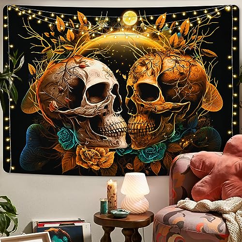 Skull Floral Tapestry Flowers Moon Plants and Leaves Tapestry Wall Hanging for Room, Bedroom