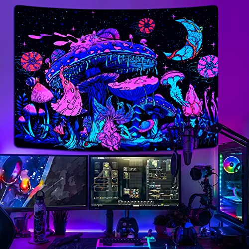 Mushroom Moon and Stars Plants Starry Night Sky Monster Tapestry Wall Hanging for Room