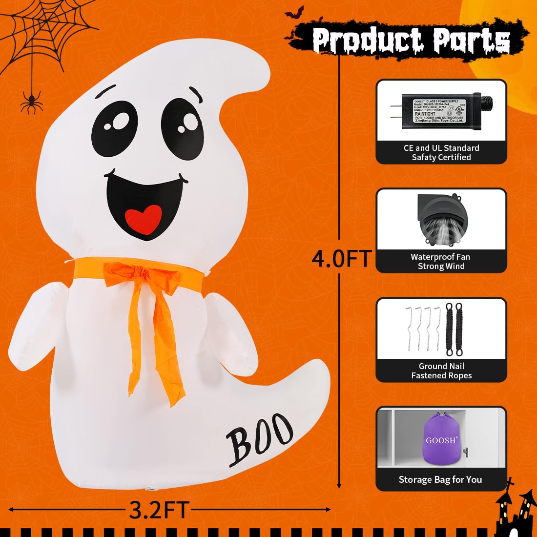 4 FT Cute Ghost Blow Up Yard with Built-in LEDs for Indoor /outdoor Garden Lawn Party Decorations