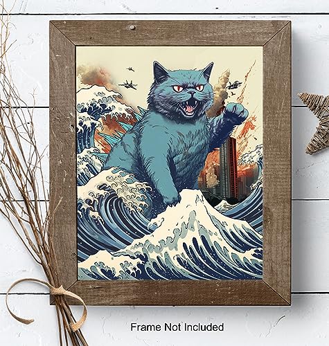 Vintage Funny Cat Wall Catzilla Japanese The Great Wave off Kanagawa Cute Cat Stuff Cat Wall