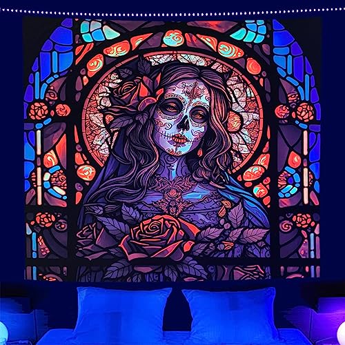 Blacklight Tapestry Sugar Skull Halloween UV Reactive Trippy Neon Tapestries Glow in the Dark Party Backdrop,