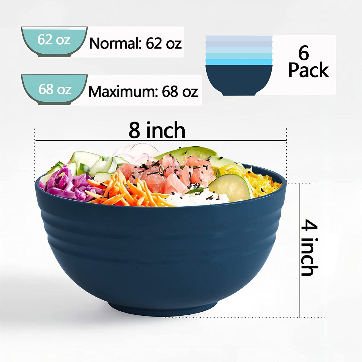6 Pcs Unbreakable Mixing Bowls Unbreakable Salad Bowls, 68 Ounces Microwave and Dishwasher Safe BPA-Free