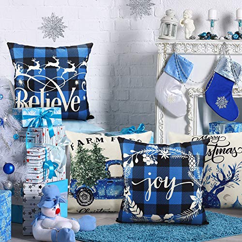 Set of 4 Christmas Decorations Black and Blue Buffalo Plaid Winter Holiday Cushion Cover 18x18.